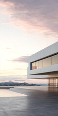 Fototapeta premium Modern architectural design of a minimalist house overlooking a serene landscape at sunset