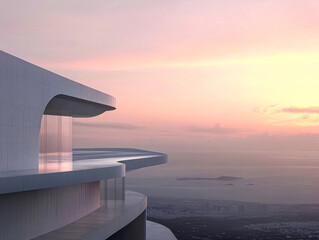 Fototapeta premium Modern architectural design overlooks serene ocean view during sunset in tranquil atmosphere