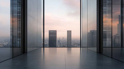 Fototapeta premium Modern office interior with glass walls overlooking a city skyline at sunset