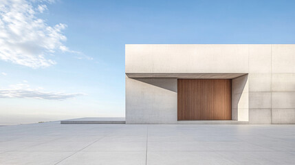 Obraz premium Modern architectural design featuring a minimalist concrete structure with wooden accents