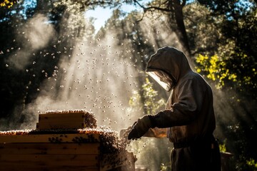 Fototapeta premium Bees flying around an open hive as the beekeeper works, with sunlight filtering through nearby trees.