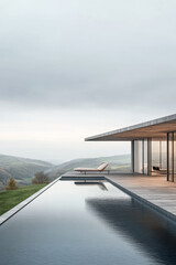 Obraz premium Modern minimalistic villa with an infinity pool overlooking rolling hills at dawn