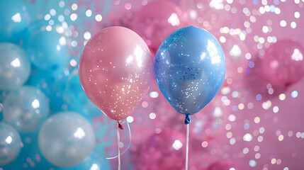 gender reveal balloons and glitter invitation for baby shower - pink and blue baby reveal birthday party card