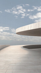Fototapeta premium Modern architectural design featuring a curved walkway under a cloudy sky at a serene location