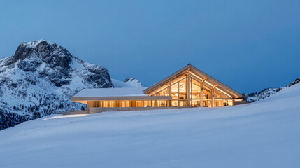 Fototapeta premium Modern alpine house nestled in snow-covered mountains at dusk