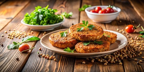 Golden-brown patties garnished with parsley, accompanied by scattered lentils and a side of fresh tomatoes, set against a backdrop of rustic wooden planks.