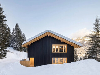 Snow-covered modern cabin nestled among pine trees in the mountains during winter twilight
