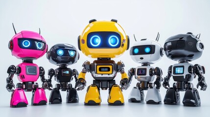 Collection of smart robots in different styles and colors, featuring LED lights on white