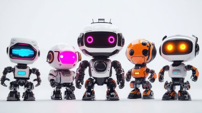 Collection of smart robots in different styles and colors, featuring LED lights on white