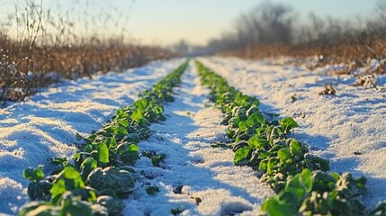 Naklejka premium Organic farming with cover crops planted in winter to protect and nourish the soil, preparing it for spring planting.