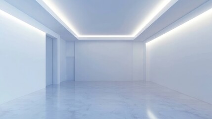 Fototapeta premium A minimalist, empty room with smooth white walls and a glossy floor, illuminated by soft lighting.