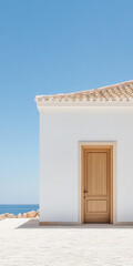 A spacious white building with a wooden door against a clear sky near the coastline