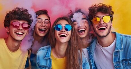Fototapeta premium Group of Friends Smiling and Wearing Sunglasses.