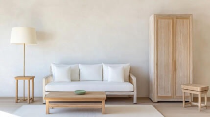 Bright and airy living room featuring minimalist furniture and neutral colors