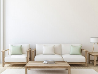 Modern living room with minimalist design featuring wooden furniture and neutral colors