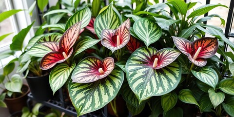 Close-up shot of a vibrant caladium plant displayed on a plant rack, caladium, leaves, botanical