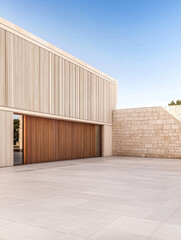 Fototapeta premium Contemporary architecture blending wood and stone at an outdoor space during bright daylight