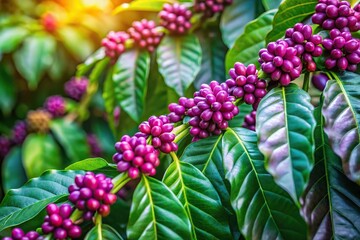 Fototapeta premium Coffee plant with vibrant purple flowers blooming in the shade, tropical, coffee plant, verdure, flowers
