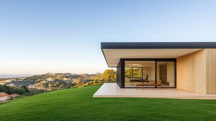 Fototapeta premium Modern house on a hilltop overlooking a scenic landscape at sunset in a tranquil setting