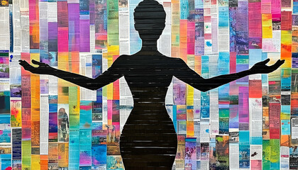 Silhouette of a woman with outstretched arms against a background of colorful newspaper clippings.