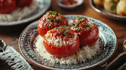 Rice-stuffed tomatoes with olive oil are examples of traditional Turkish cuisine.
