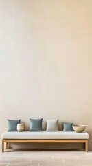 Fototapeta premium Elegant minimalist seating area with cushions and decorative bowls in a serene interior