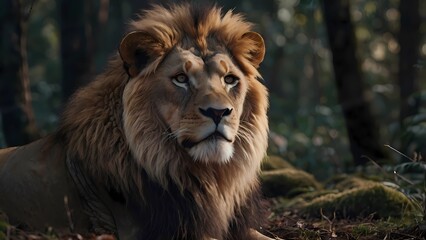 Naklejka premium Lion in dense forest showing off his strength
