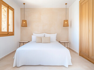 Bright and airy bedroom with minimalist decor and warm lighting at a coastal retreat