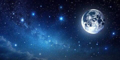 Obraz premium Dark indigo night sky with stars and moon, asteroid field, astronomy