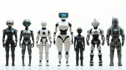 Naklejka premium Futuristic AI robots in different shapes and sizes, some with screens for faces on white background