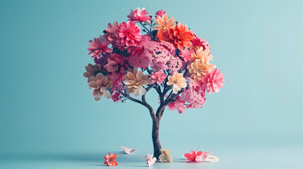 Human brain tree with flowers, self care and mental health concept, positive thinking, creative mind
