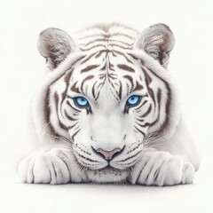 Fototapeta premium A white tiger with blue eyes is laying down on a white background