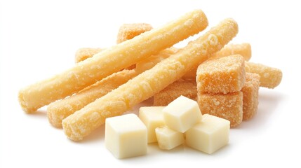  Cheese Sticks and Cheese Cubes Against a White Background, Perfectly Capturing the Joyful Essence of Afternoon Tea. This Artwork Evokes a Relaxed Weekend Vibe, Ideal for Food Advertising and Marketin