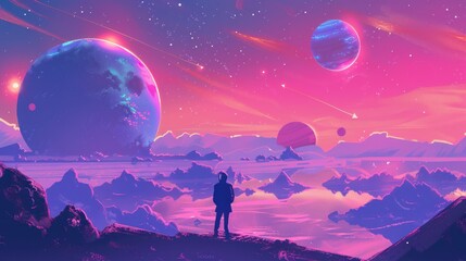 A Lonely Figure on a Pink and Purple Planet