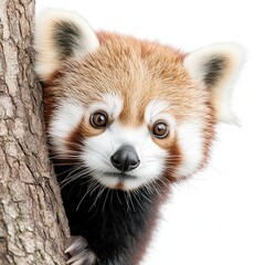 A red panda bear is peeking out from behind a tree trunk