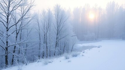 Obraz premium Snow-covered forest in the early morning with a mystical and serene atmosphere, icy, sunrise