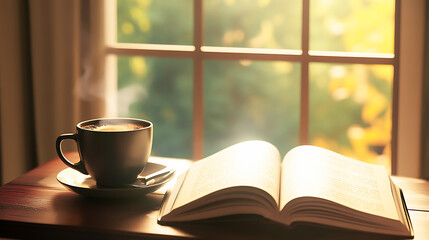 A detailed shot of a steaming cup of coffee on a table next to an open book, with soft morning light streaming through a window, creating a cozy atmosphere, Photorealistic