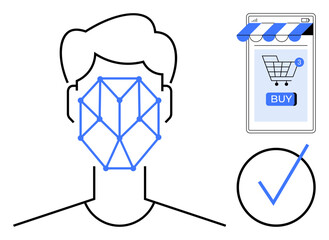 Facial recognition diagram next to a mobile online shopping cart with a purchase button and a blue checkmark symbol. Ideal for facial recognition, online security, e-commerce, biometrics