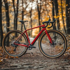Fototapeta premium A shiny new gravel bike stands out against the backdrop of the forest, ready for a scenic ride through the trees.