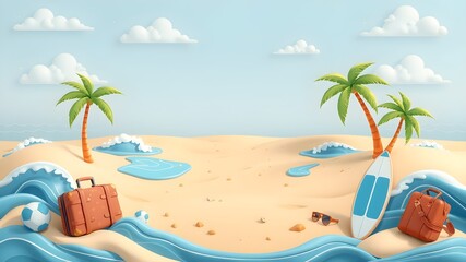 Obraz premium 3D Cartoon Beach Travel Background with Text Space