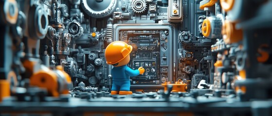 Fototapeta premium A small toy worker stands in front of a large, complex machine made of gears, wheels, and other mechanical parts.