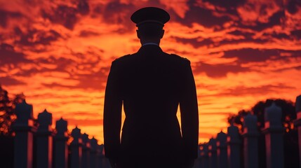 Fototapeta premium Silhouette of Soldier Against Dramatic Sunset Sky