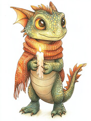Fototapeta premium charming little dragon with knitted scarf holding candle