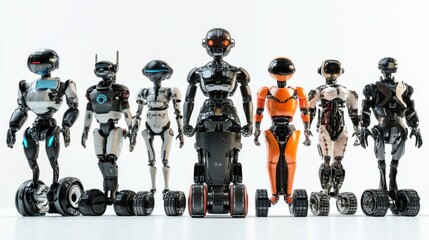 Naklejka premium Group of AI robots with unique, sleek bodies, some with wheels, isolated on white background