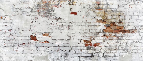 Obraz premium A weathered brick wall with peeling paint and exposed bricks.