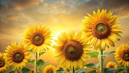 Fototapeta premium Large sunflowers in various stages of bloom against a subtle gradient background, abstract background, plant life