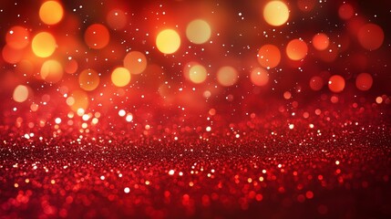 Obraz premium A vibrant red Christmas background with bokeh lights and glitter evokes joy and festive spirit!