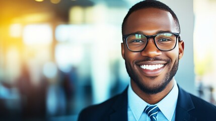 Fototapeta premium Portrait of a young businessman wearing eyeglasses, confidently standing outside a conference room, looking at the camera with a satisfied smile in a modern office setting, with copy space for text