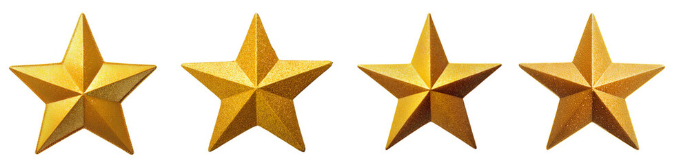 Obraz premium Four golden stars arranged in a row on a white background, perfect for rating and review concepts.