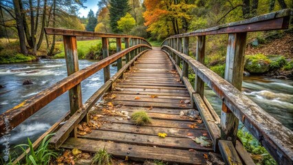 Old, worn-out wooden bridge with a rusty railing and a creek running beneath it, outdoors, nature